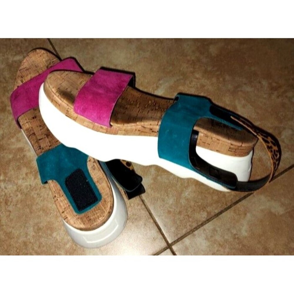 Women's Italy V & M Purple Blue Suede Cork Sole Sandals Length 10.3" Sz 10 / 11